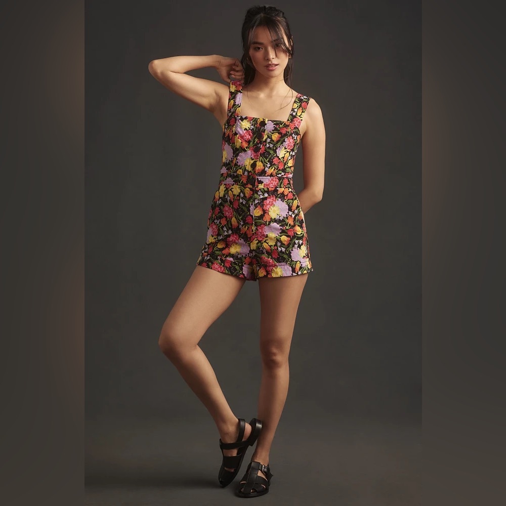 Anthropologie Floral Square-Neck Short Romper in Black, Pink, Yellow